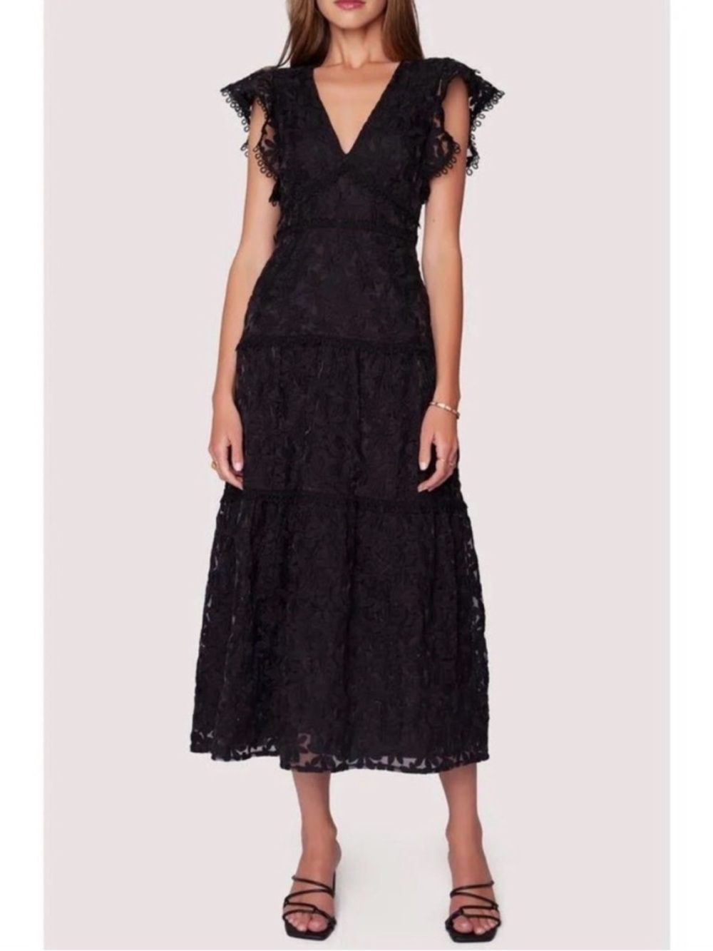 Lost + Wander Black Lace Flutter-Sleeve Midi Dress